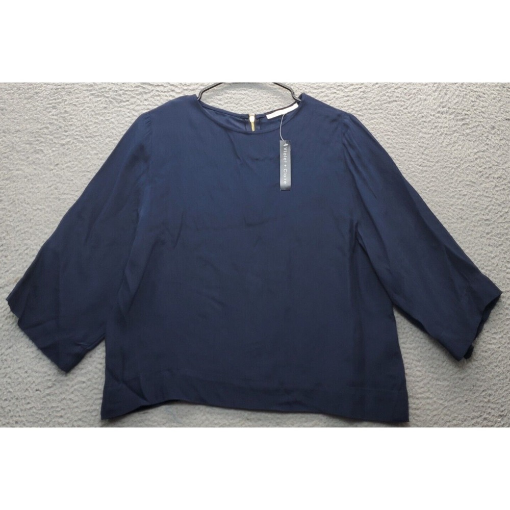 Violet & Claire Blouse Top Womens Small Navy Long Sleeve Crew Neck Back Zip‎